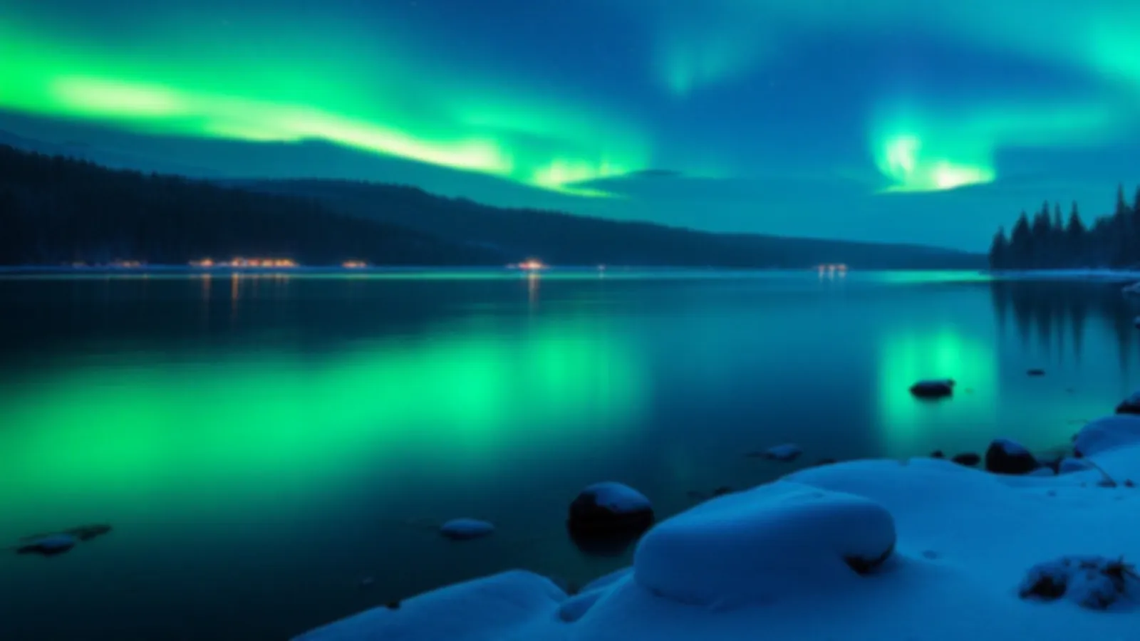 Green northern lights shimmering over a calm snowy lake with dark pine trees at night, the WalletAurora view of personal loans online, $100 – $5,000